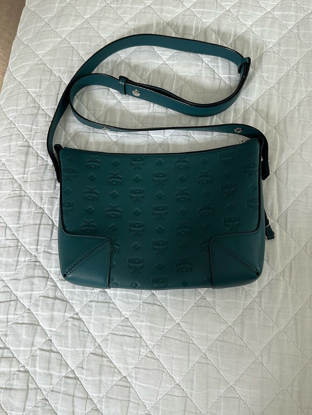 MCM Teal Embossed Leather Crossbody Bag